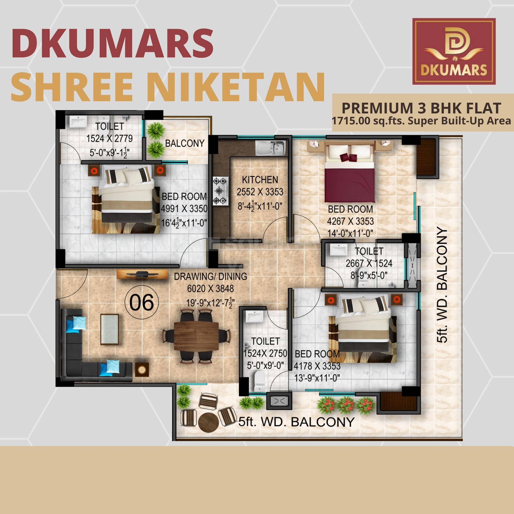 Floor plan of 3 BHK 1715 Sq. Ft. Apartment in D Kumar Shree Niketan, Allahabad