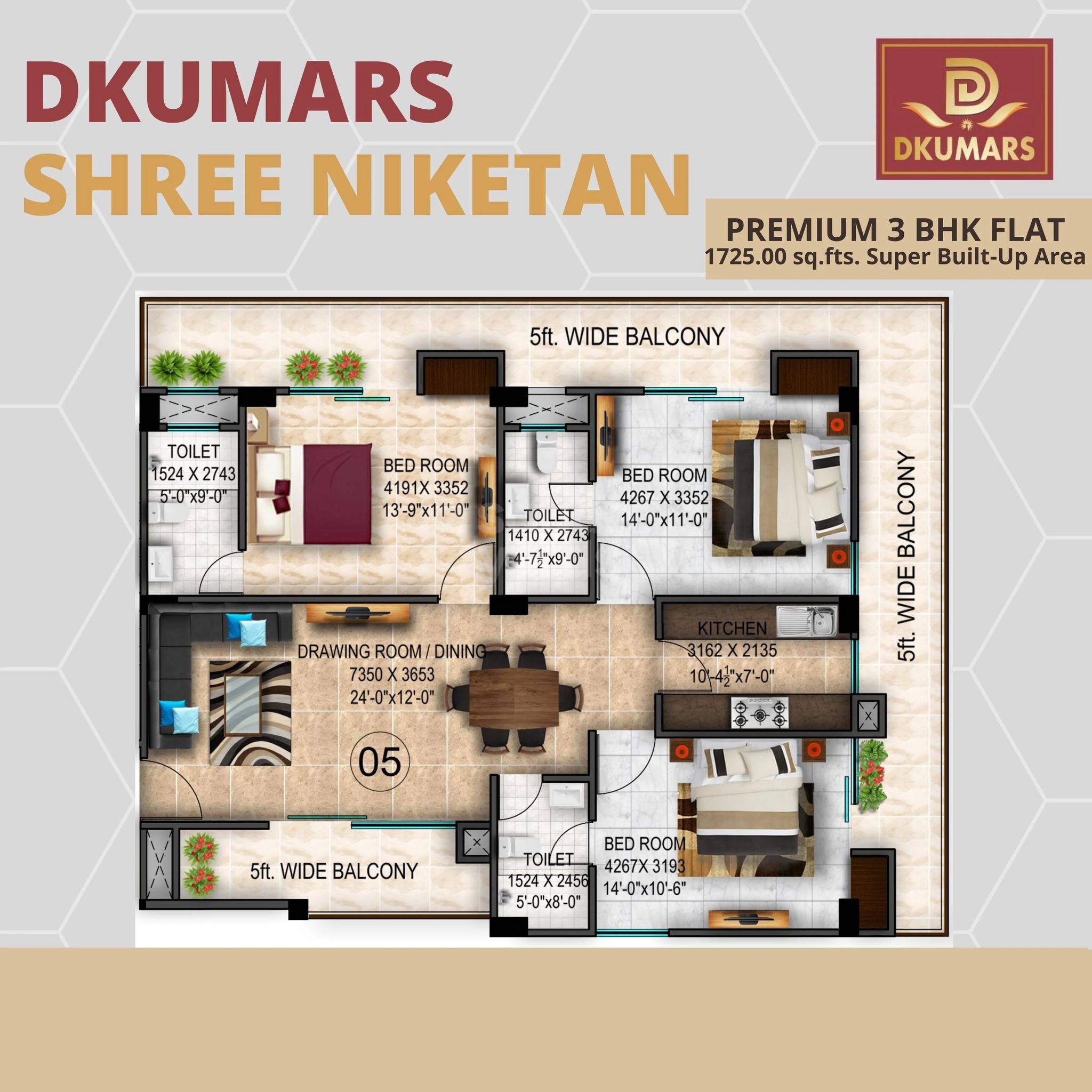 Floor plan of 3 BHK 1725 Sq. Ft. Apartment in D Kumar Shree Niketan, Allahabad