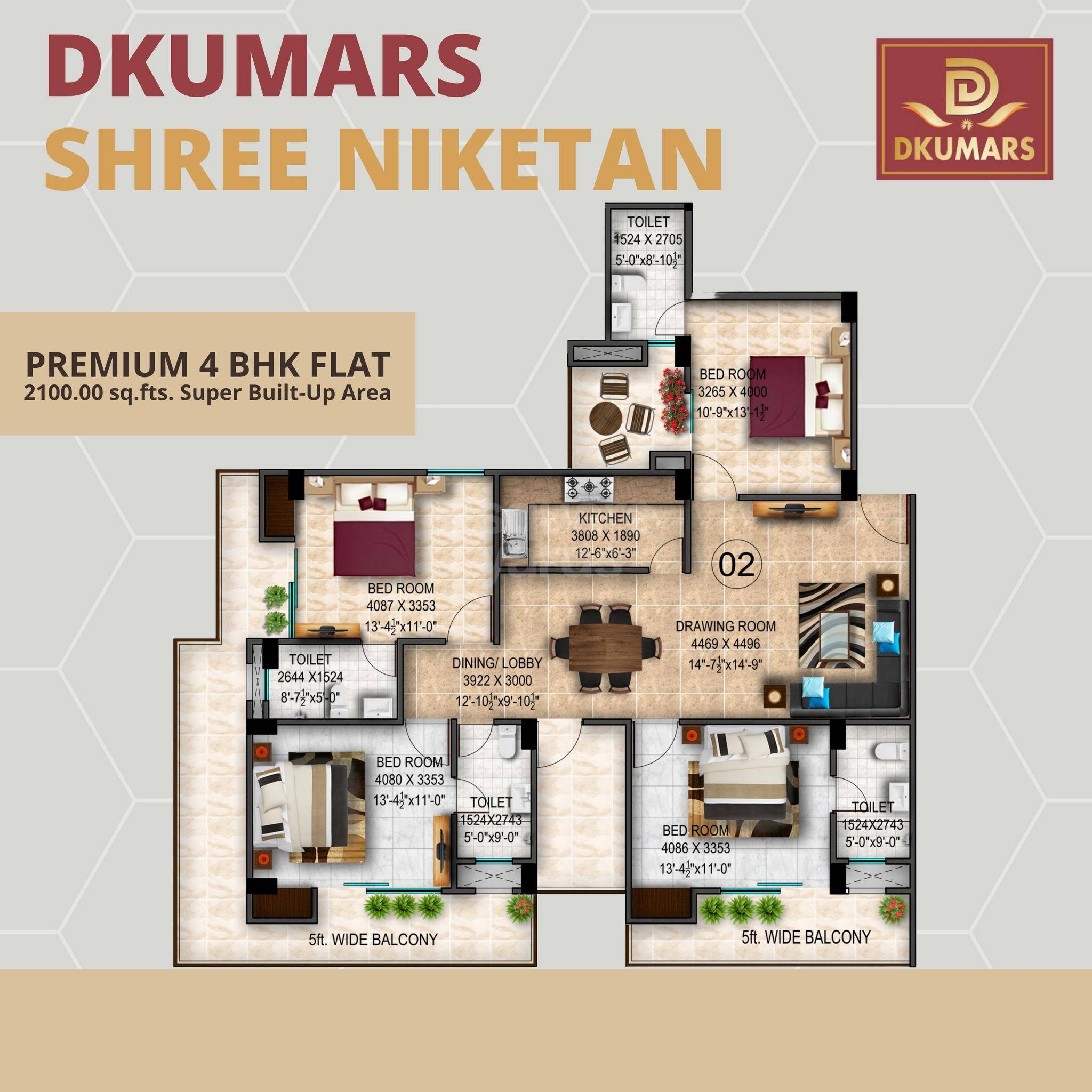 Floor plan of 4 BHK 2100 Sq. Ft. Apartment in D Kumar Shree Niketan, Allahabad