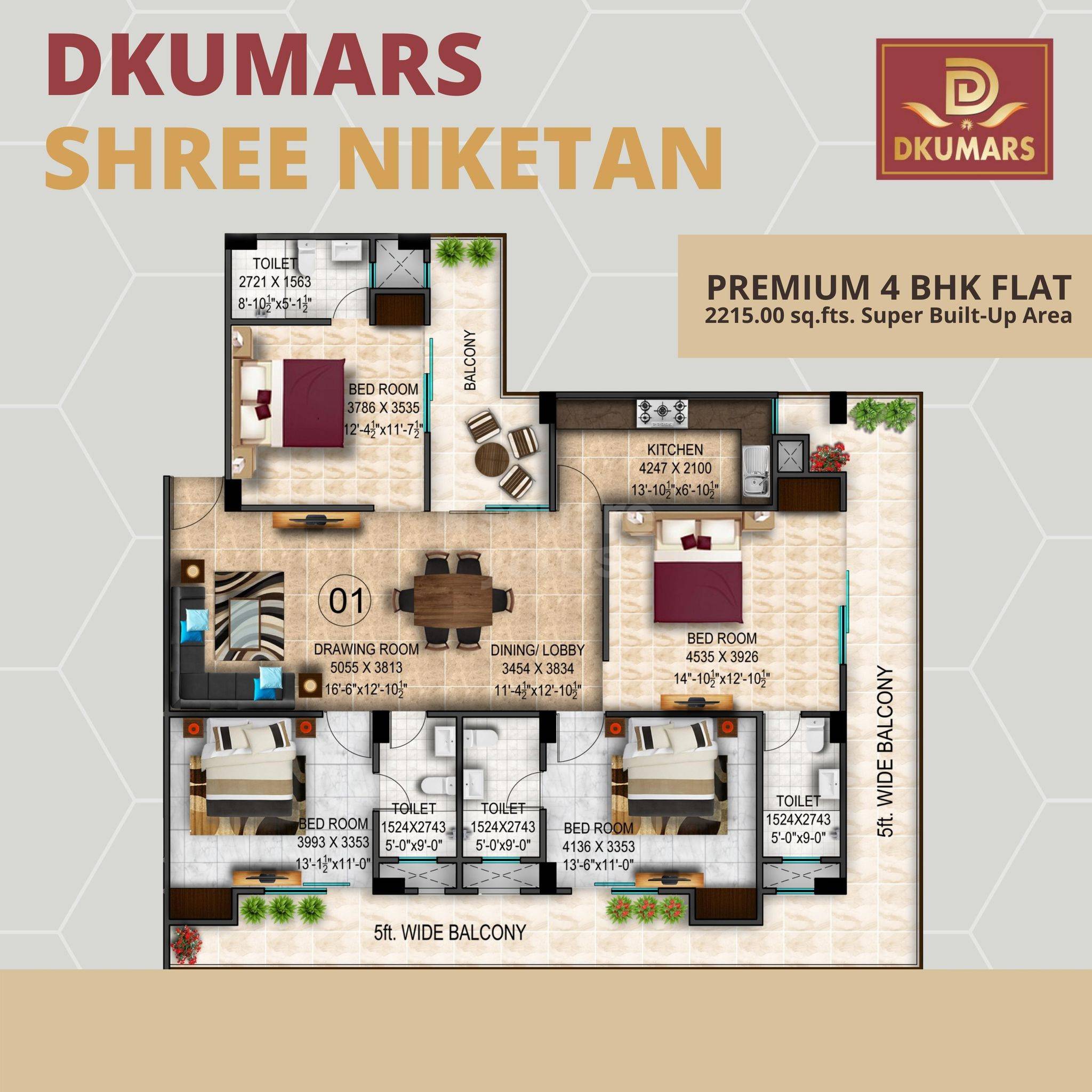 Floor plan of 4 BHK 2215 Sq. Ft. Apartment in D Kumar Shree Niketan, Allahabad