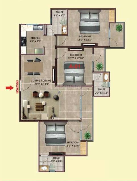 Floor plan of 3 BHK 1294 Sq. Ft. Apartment in I And T Jheel Residency, Allahabad
