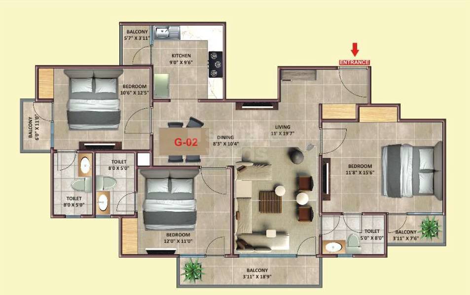Floor plan of 3 BHK 1297 Sq. Ft. Apartment in I And T Jheel Residency, Allahabad