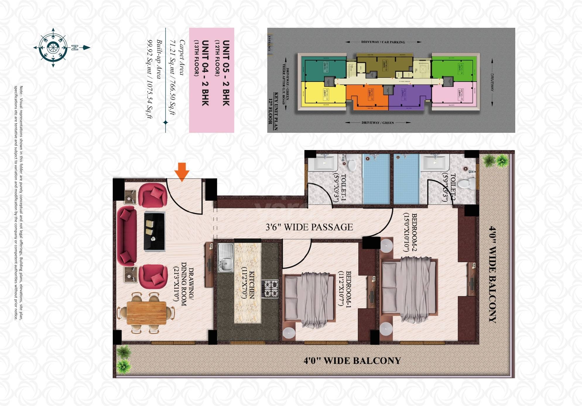 Floor plan of 2 BHK 1075 Sq. Ft. Apartment in Maabhagwati Gitanjali Shreeniketan, Allahabad