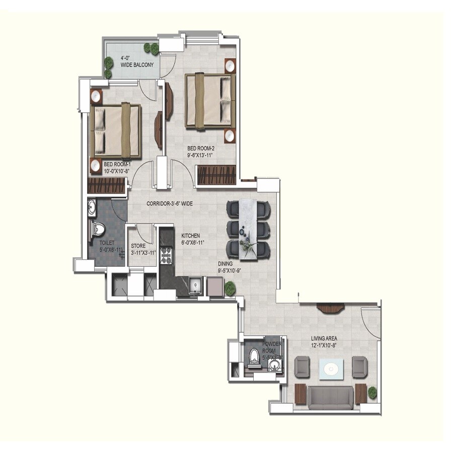 Floor plan of 2 BHK 1035 Sq. Ft. Apartment in Navyug Smart Mini City, Allahabad