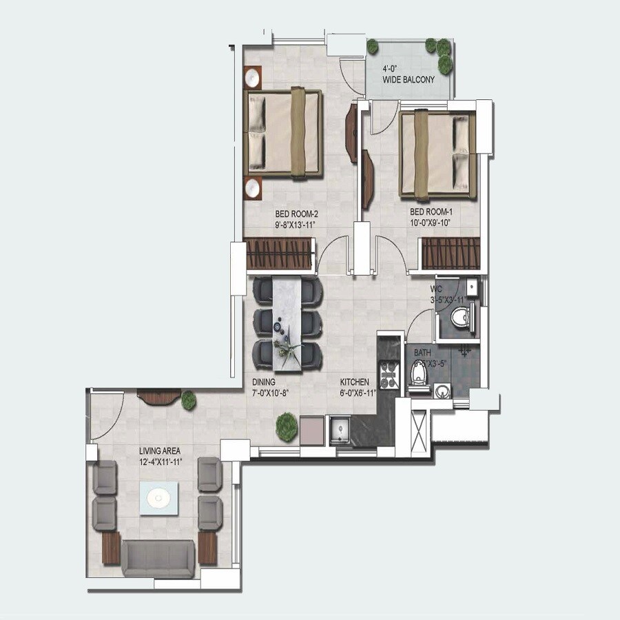 Floor plan of 2 BHK 917 Sq. Ft. Apartment in Navyug Smart Mini City, Allahabad