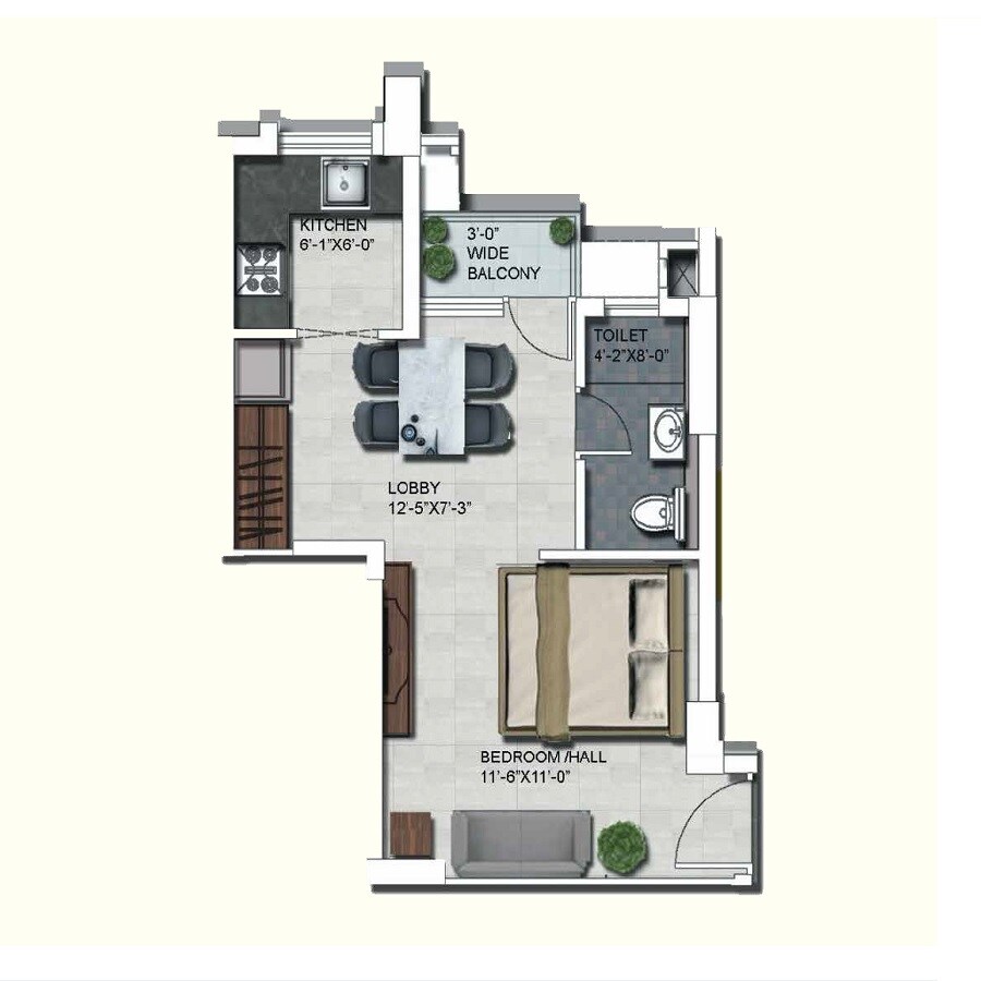Floor plan of 455 Sq. Ft. Studio in Navyug Smart Mini City, Allahabad