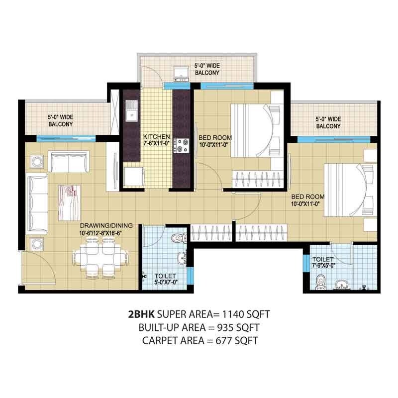 Floor plan of 2 BHK 1140 Sq. Ft. Apartment in Omaxe Aananda, Allahabad