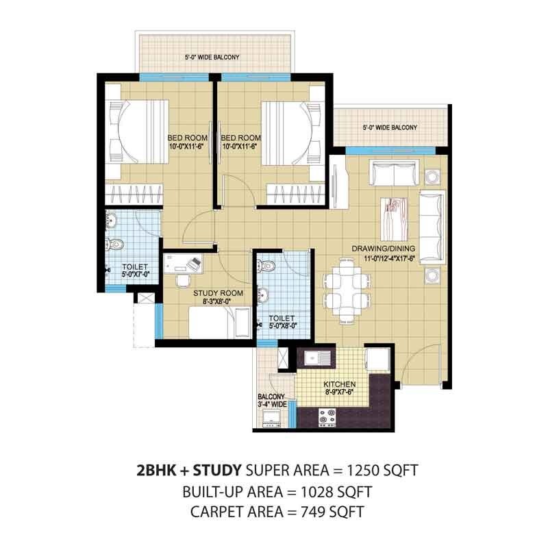 Floor plan of 2 BHK 1260 Sq. Ft. Apartment in Omaxe Aananda, Allahabad
