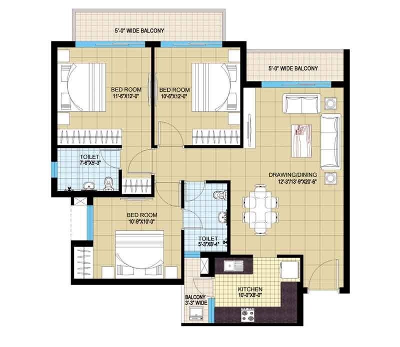 Floor plan of 3 BHK 1450 Sq. Ft. Apartment in Omaxe Aananda, Allahabad