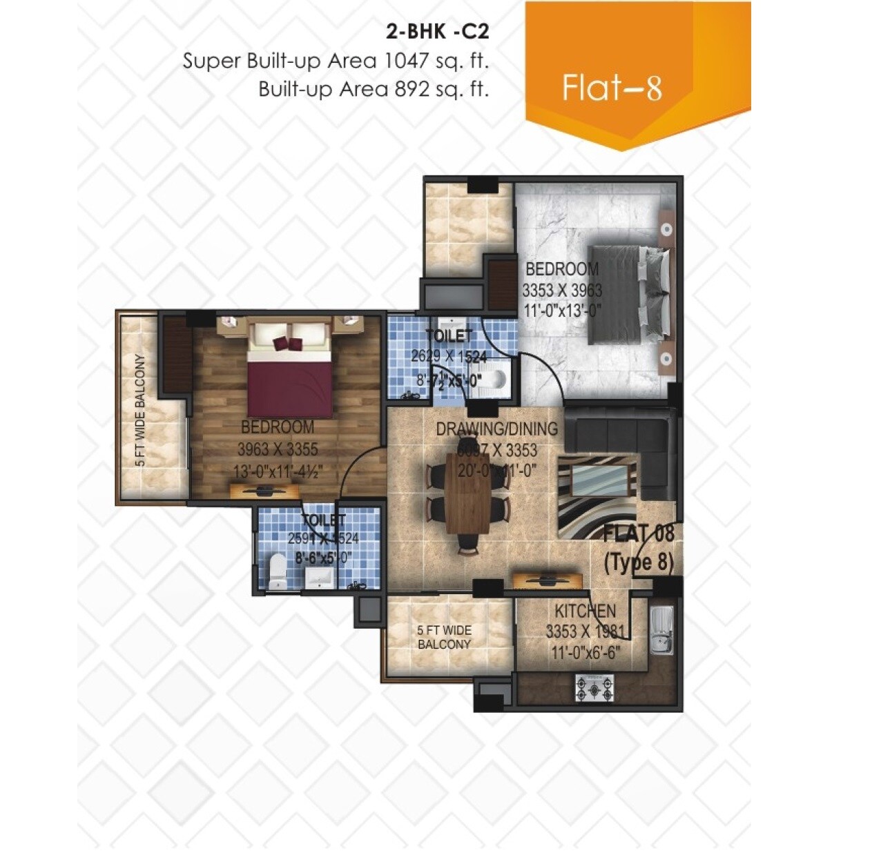 2 BHK 1047 Sq. Ft. Apartment