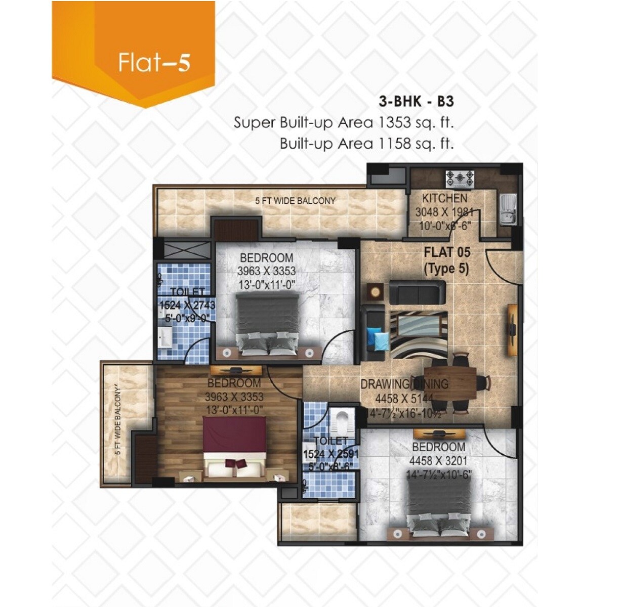 3 BHK 1353 Sq. Ft. Apartment