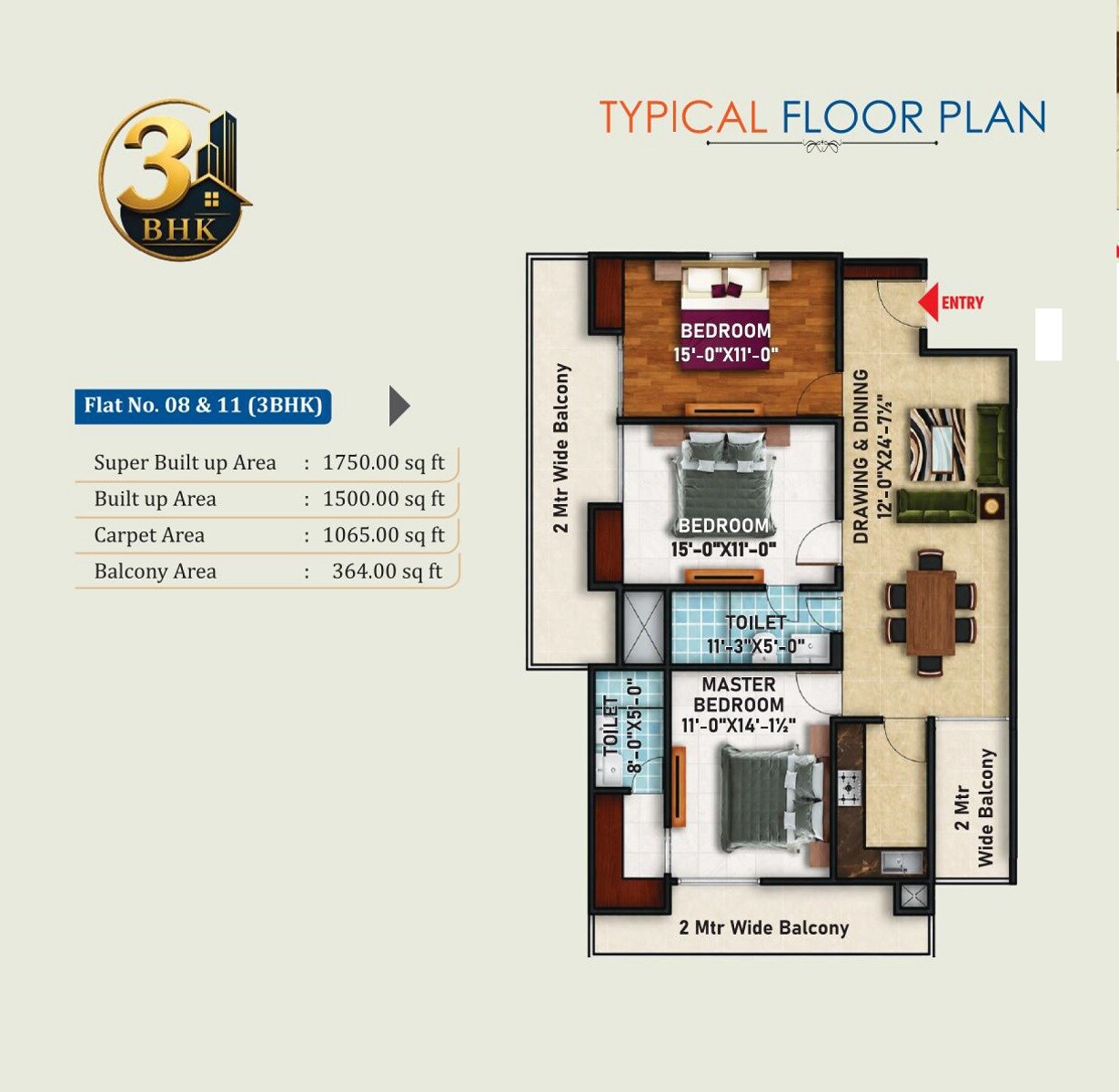 3 BHK 1750 Sq. Ft. Apartment