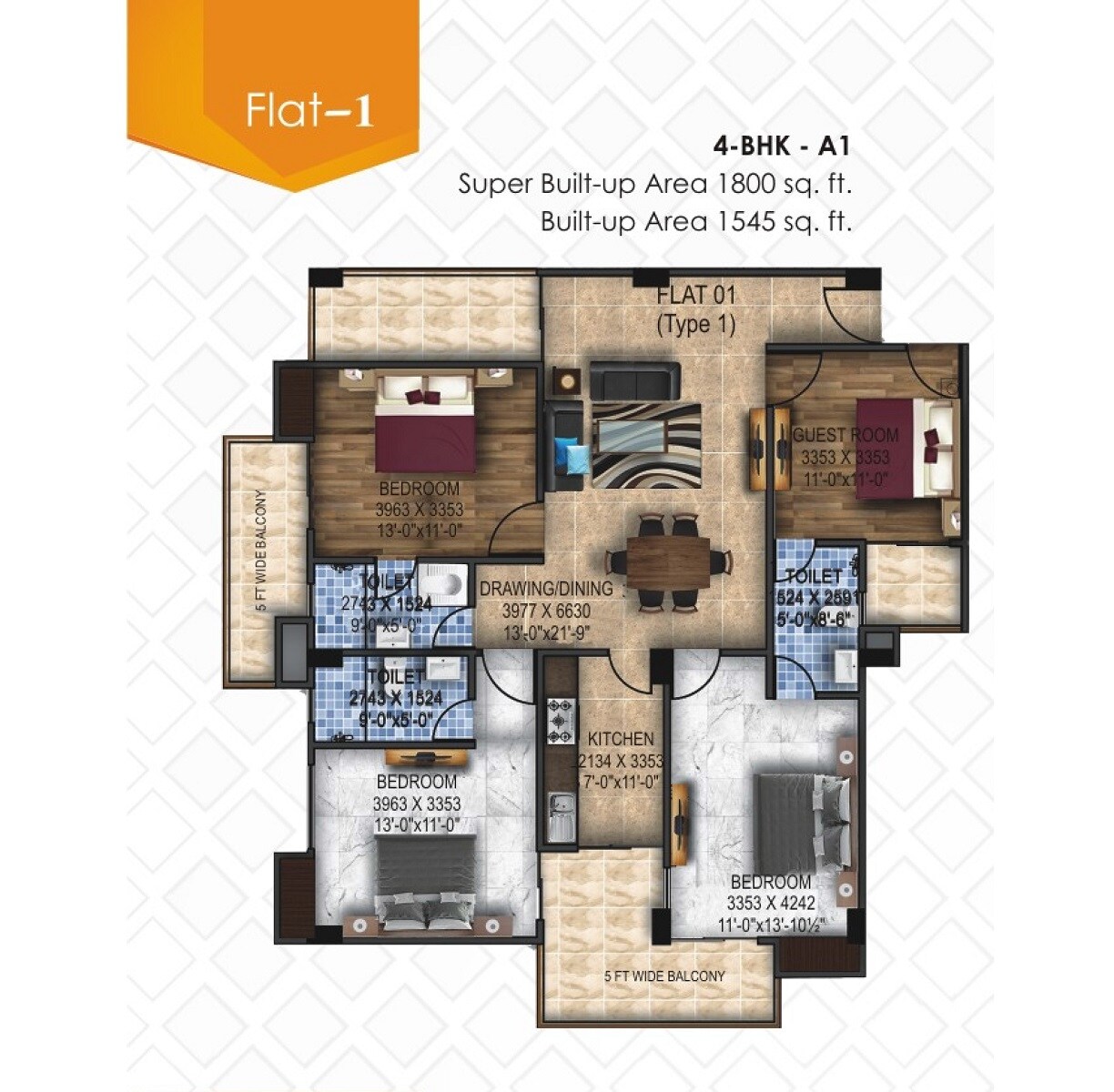 4 BHK 1800 Sq. Ft. Apartment