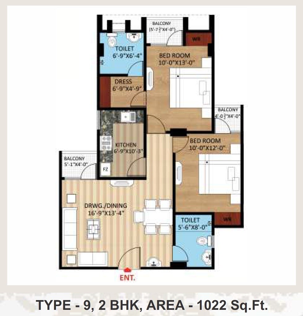 2 BHK 1022 Sq. Ft. Apartment