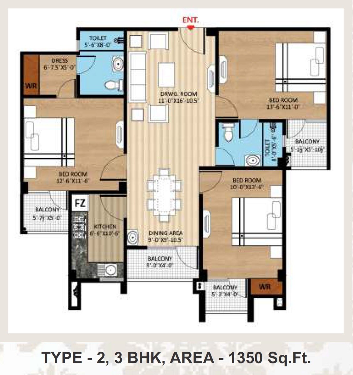 3 BHK 1350 Sq. Ft. Apartment
