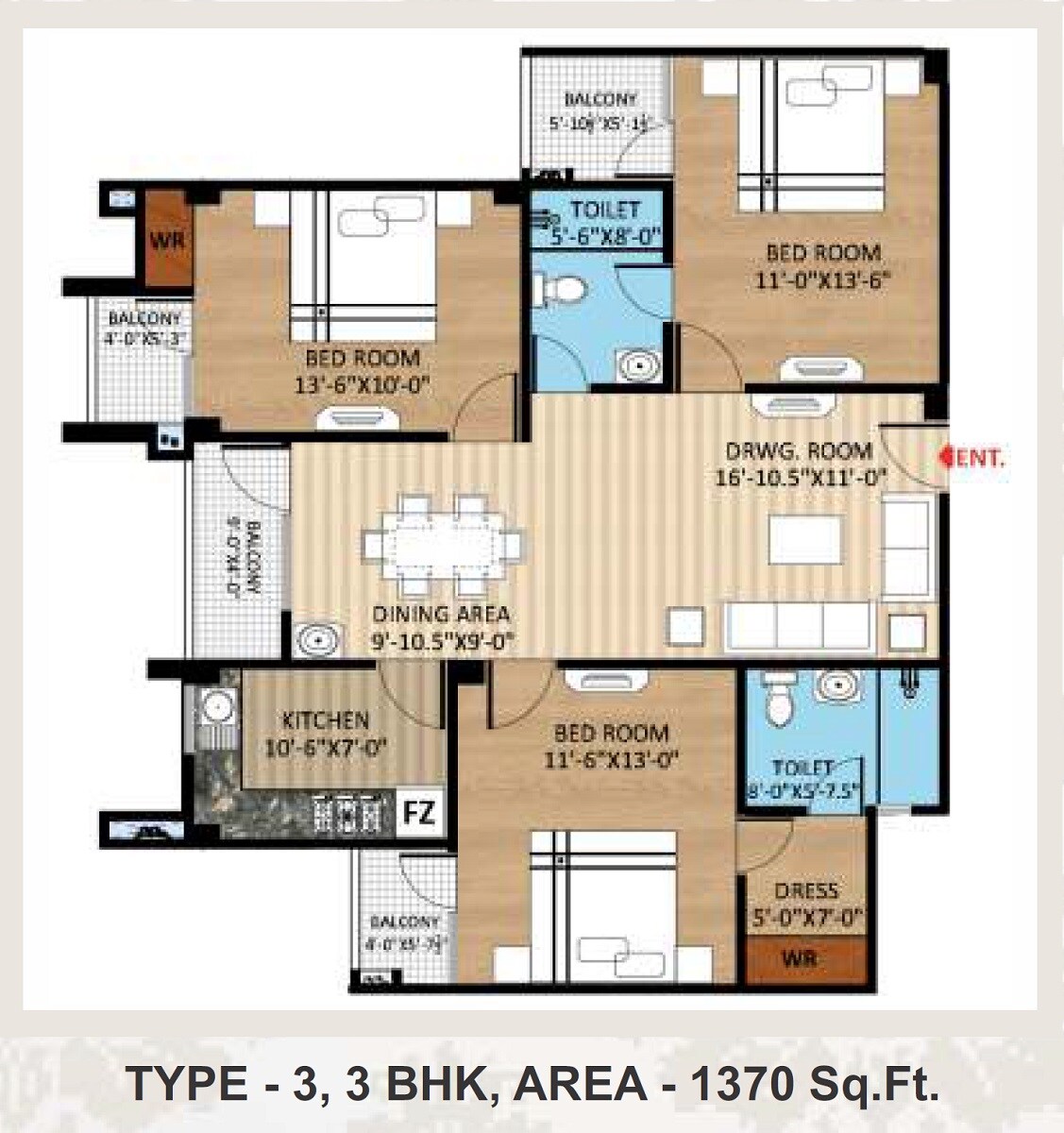 3 BHK 1370 Sq. Ft. Apartment