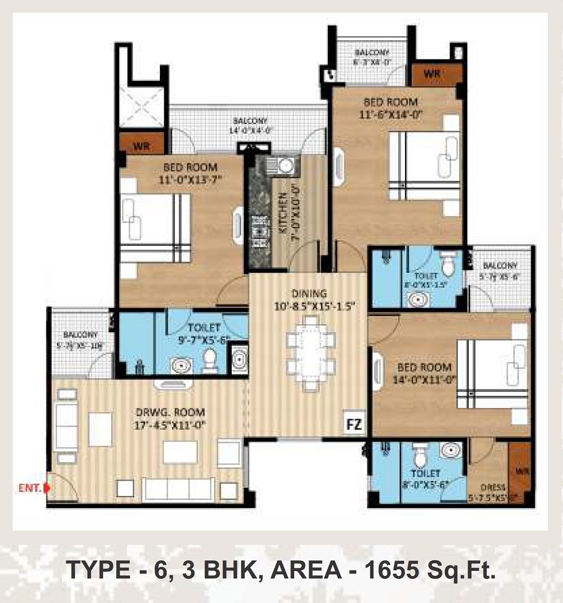 Floor plan of 3 BHK 1655 Sq. Ft. Apartment in Rudra Aakriti, Allahabad