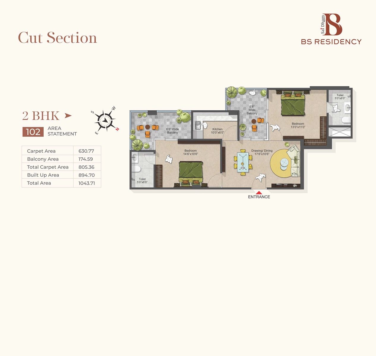 Floor plan of 2 BHK Apartment - 805 sq. ft. in Saidham BS Residency, Allahabad