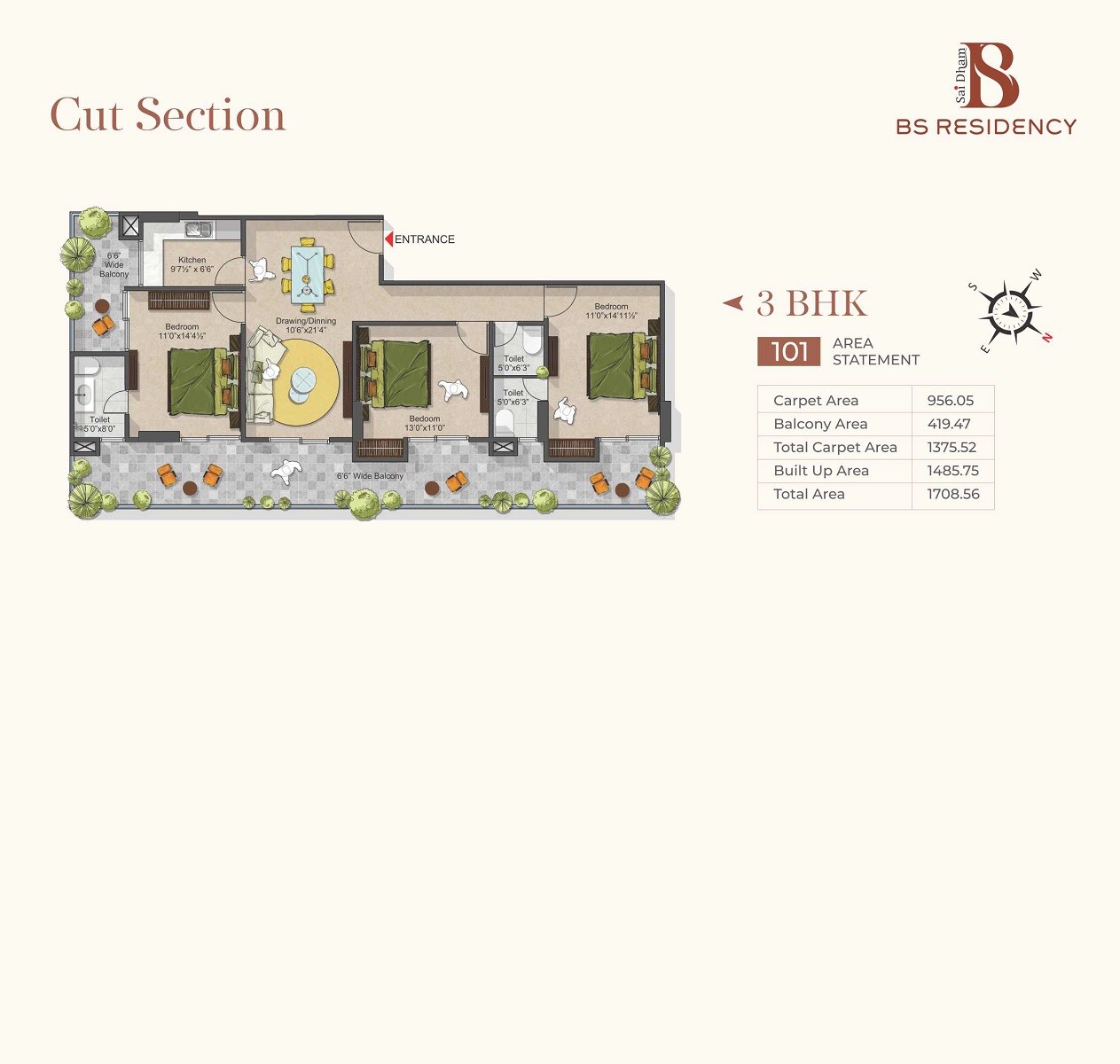 Floor plan of 3 BHK Apartment - 956 sq. ft. in Saidham BS Residency, Allahabad