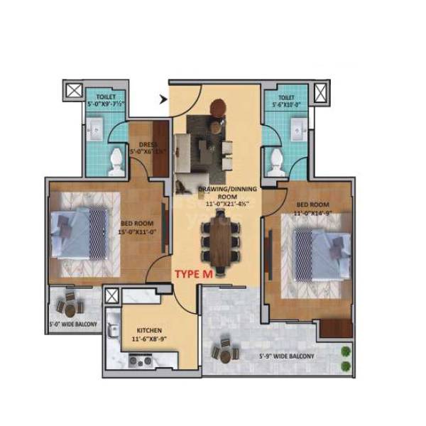 Floor plan of 2 BHK 1228 Sq. Ft. Apartment in Shervani Victory Tower, Allahabad