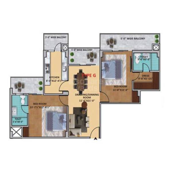 Floor plan of 2 BHK 1370 Sq. Ft. Apartment in Shervani Victory Tower, Allahabad