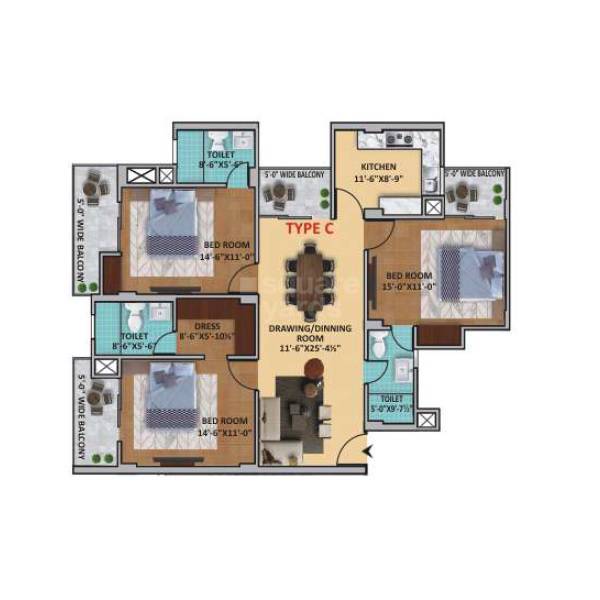 Floor plan of 3 BHK 1647 Sq. Ft. Apartment in Shervani Victory Tower, Allahabad