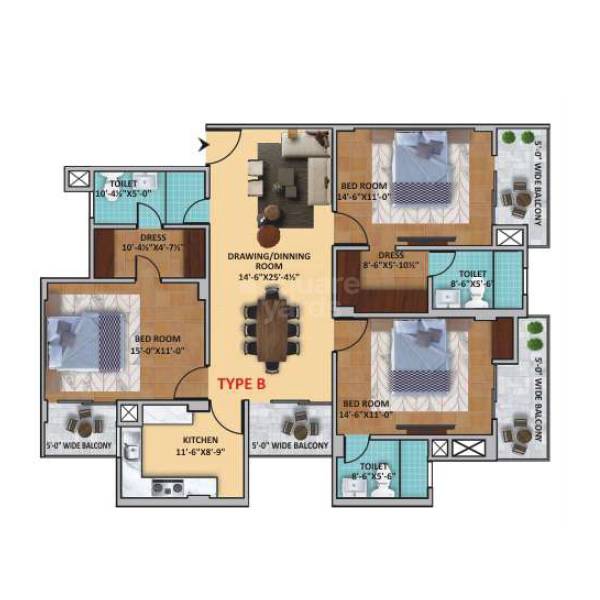 Floor plan of 3 BHK 1713 Sq. Ft. Apartment in Shervani Victory Tower, Allahabad