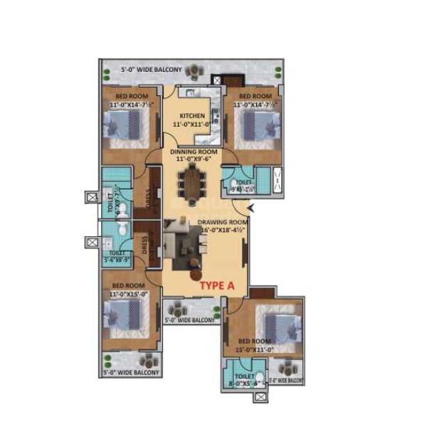 Floor plan of 4 BHK 2285 Sq. Ft. Apartment in Shervani Victory Tower, Allahabad