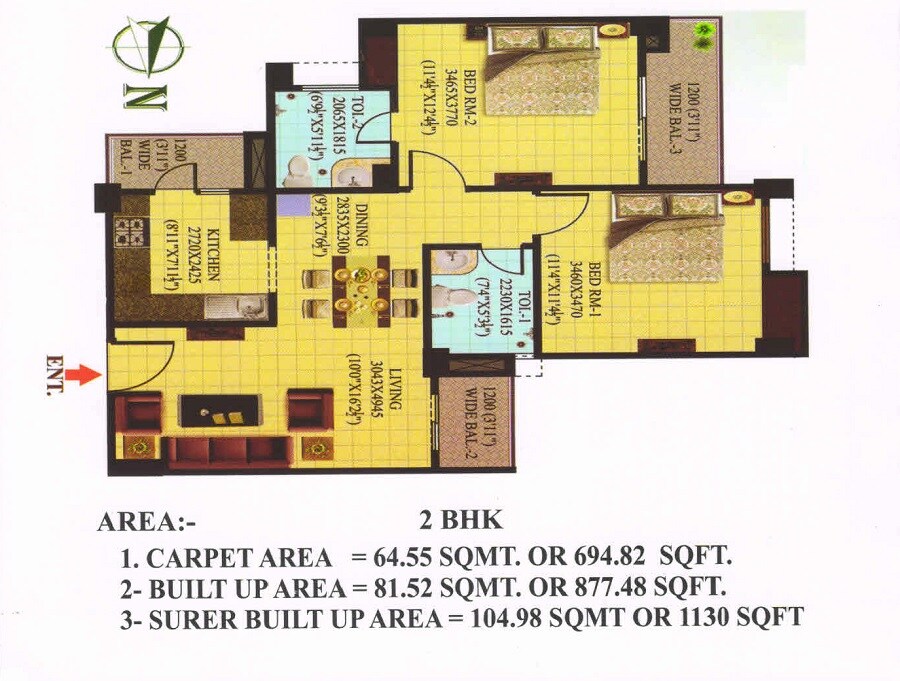 Floor plan of 2 BHK 1130 Sq. Ft. Apartment in Tulsiani Imperial Green, Allahabad