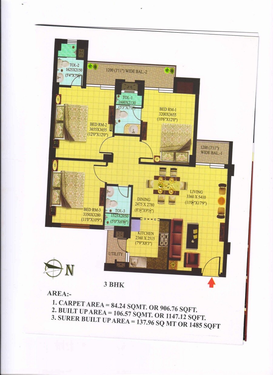 Floor plan of 3 BHK 1485 Sq. Ft. Apartment in Tulsiani Imperial Green, Allahabad
