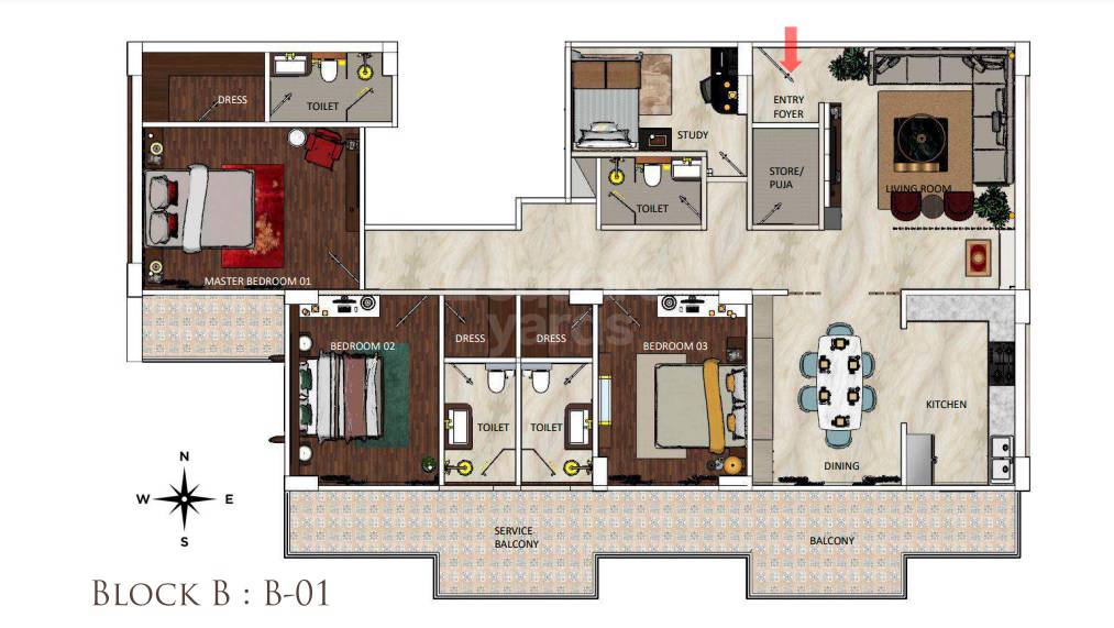 Floor plan of 3 BHK 1621 Sq. Ft. Apartment in Vinayak Park View, Allahabad