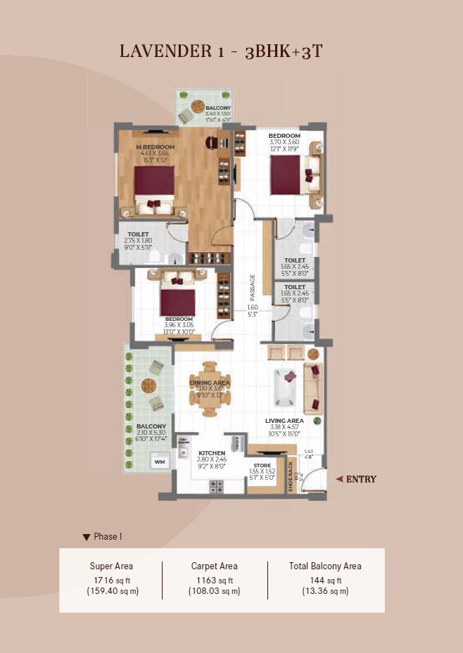 Floor plan of 3 BHK 1716 Sq. Ft. Apartment in Ashiana Advik, Alwar