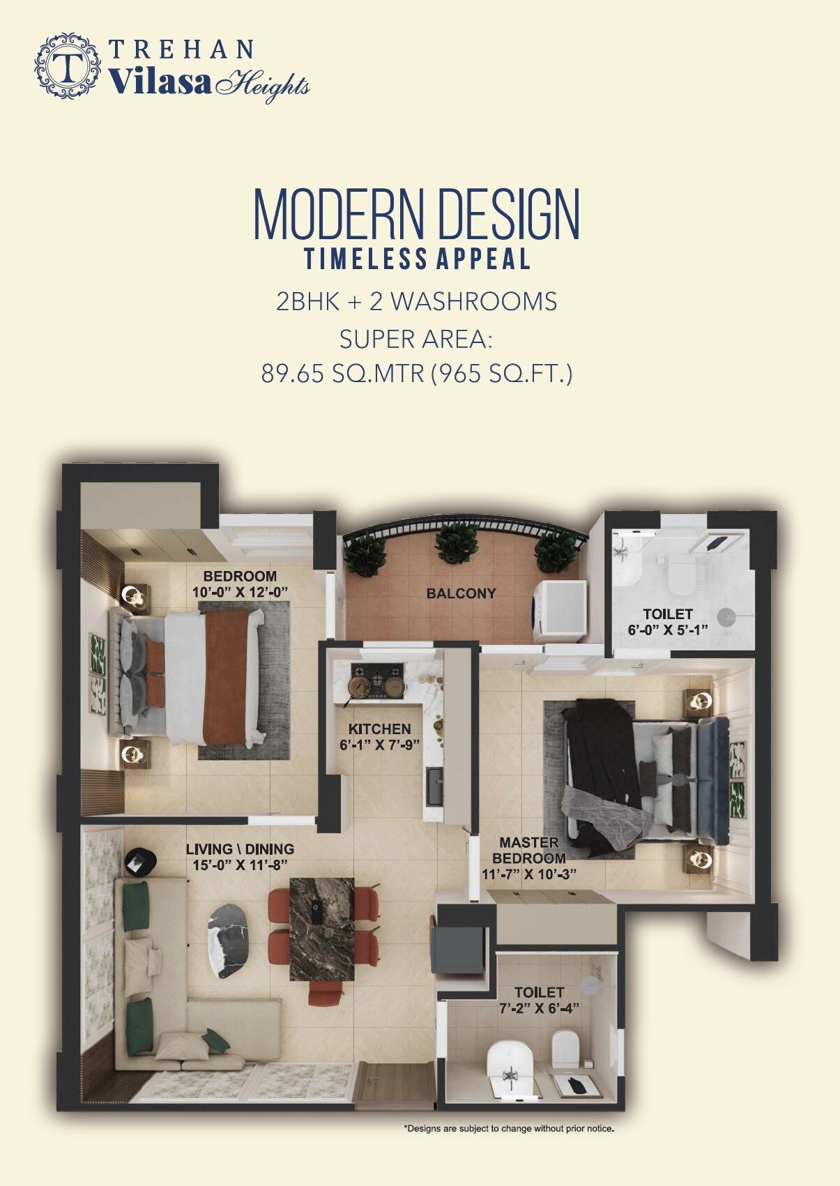 Floor plan of 2 BHK 965 Sq. Ft. Apartment in Trehan Vilasa Heights, Alwar