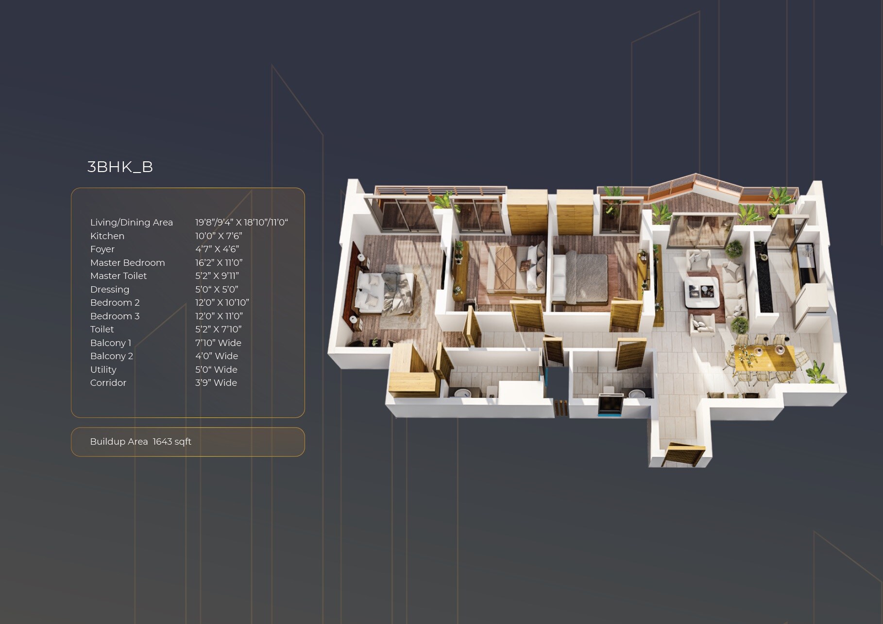 Floor plan of 3 BHK 1643 Sq. Ft. Apartment in GGH Beverly Heights, Amritsar