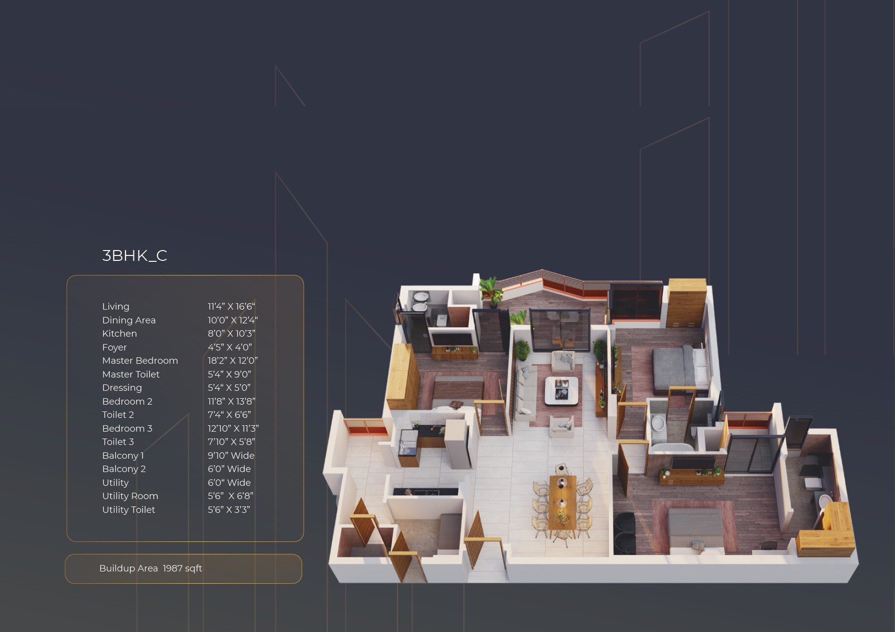Floor plan of 3 BHK 1987 Sq. Ft. Apartment in GGH Beverly Heights, Amritsar