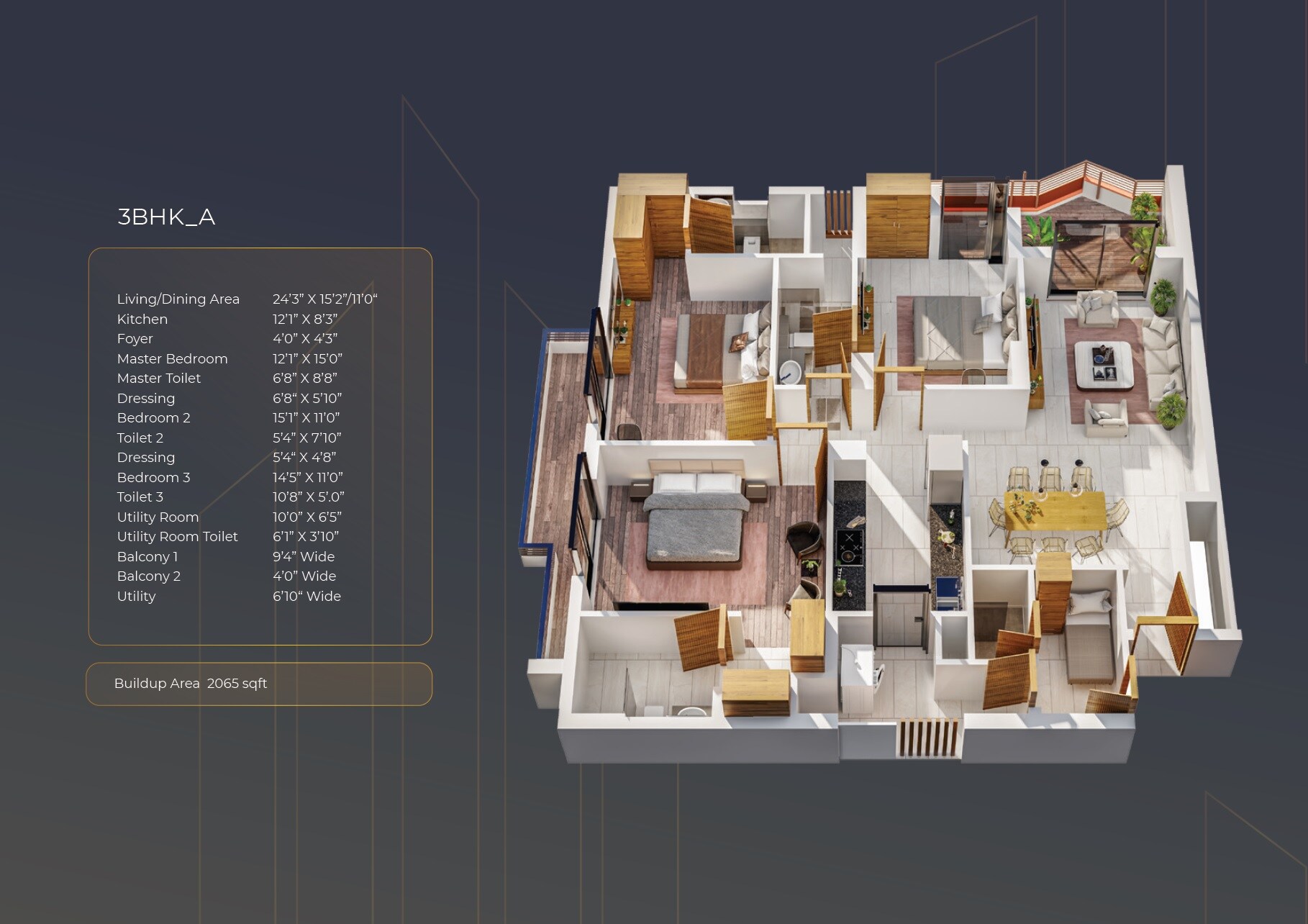 Floor plan of 3 BHK 2065 Sq. Ft. Apartment in GGH Beverly Heights, Amritsar