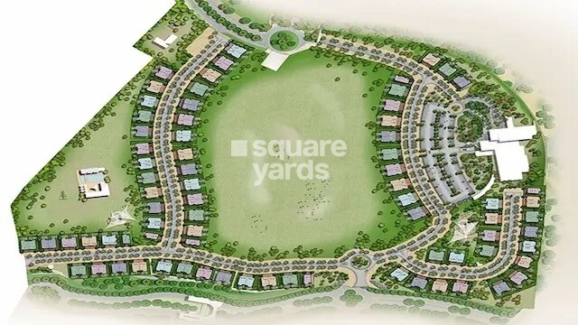 Arvind-Forest-Trails_an aerial view of a green field with a plane flying in the air