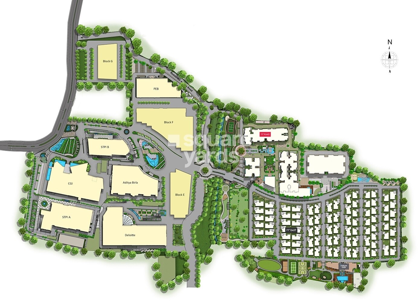 Divyasree-Technopolis_an aerial view of a city with a train on it