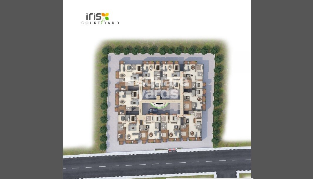 Iris-Courtyard_an aerial view of a building with a cartoon character on it