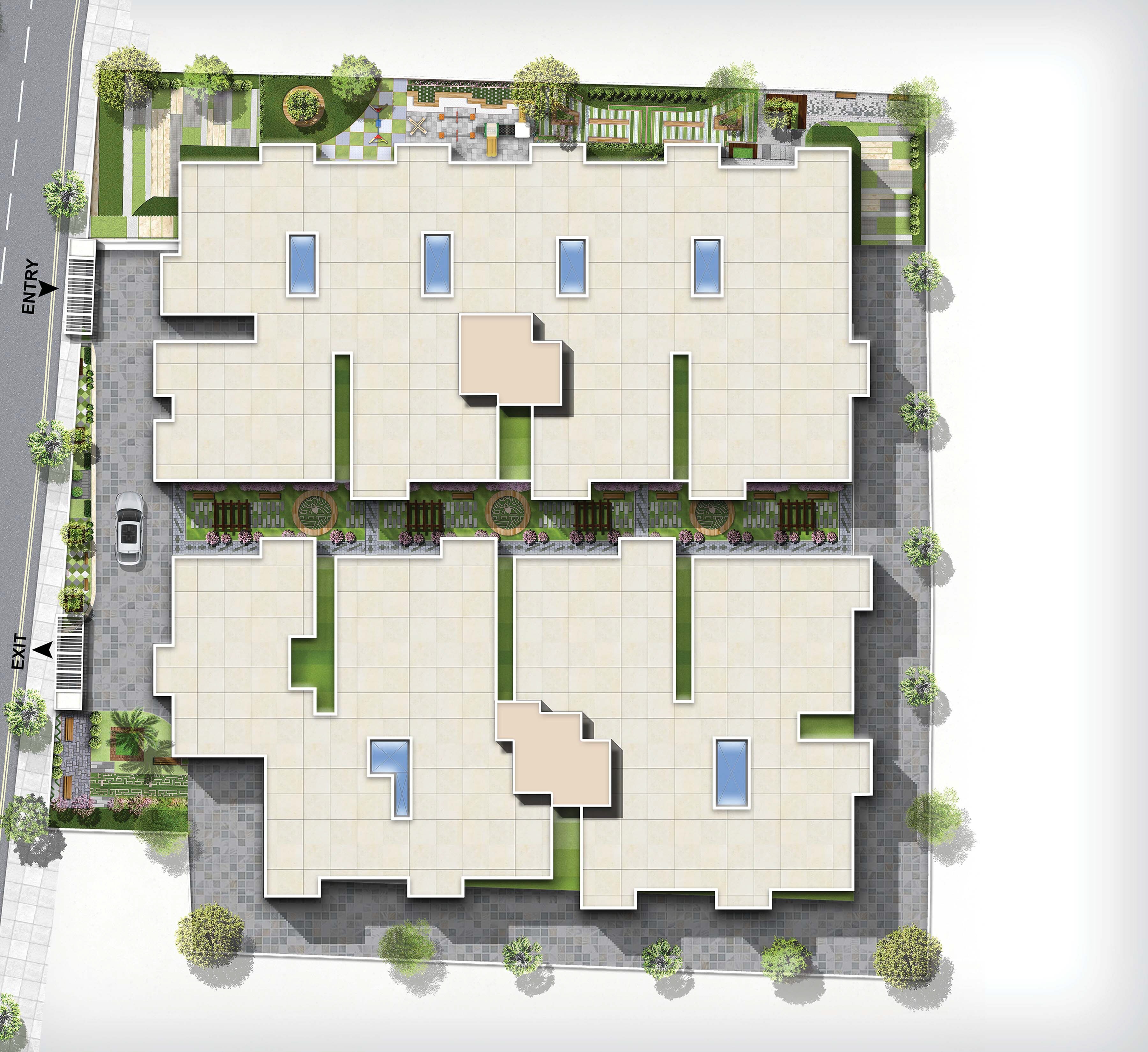 SLV-Elanza_an aerial view of a building with a clock on it