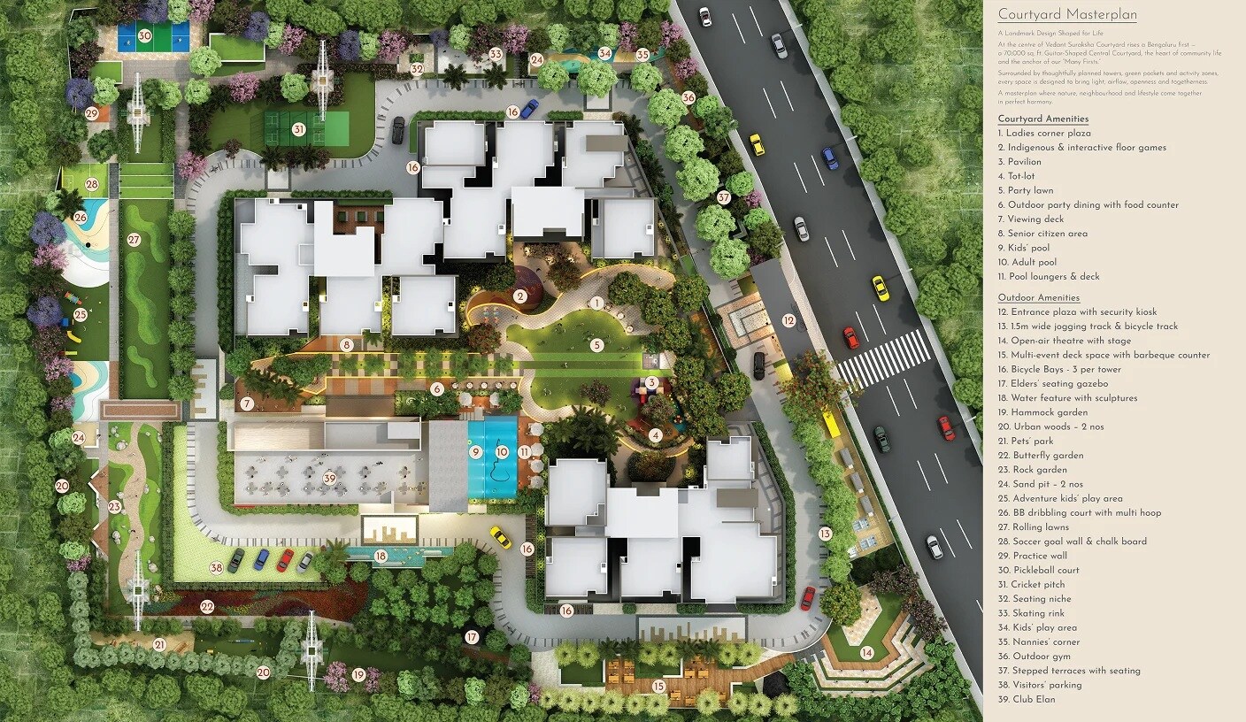 Vedant-Suraksha-Courtyard_an aerial view of a city with lots of green grass