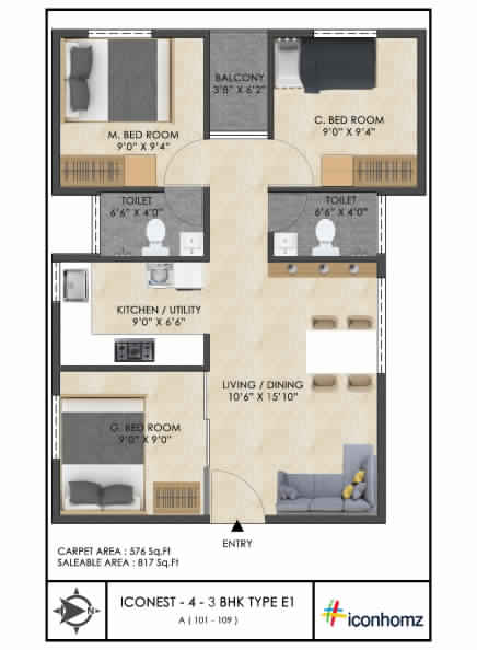 Floor plan of 3 BHK 817 Sq. Ft. Apartment in Icon Homz Iconest 4, Bangalore
