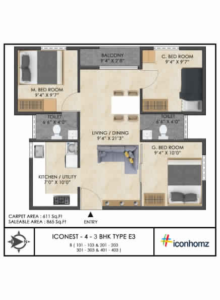 Floor plan of 3 BHK 865 Sq. Ft. Apartment in Icon Homz Iconest 4, Bangalore