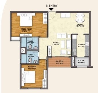Floor plan of 2 BHK 1110 Sq. Ft. Apartment in Monarch Aqua, Bangalore