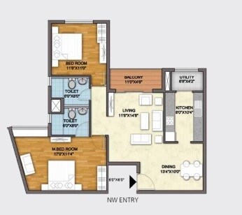Floor plan of 2 BHK 1215 Sq. Ft. Apartment in Monarch Aqua, Bangalore