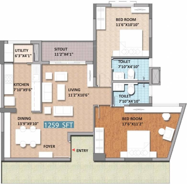 Floor plan of 2 BHK 1259 Sq. Ft. Apartment in Monarch Aqua, Bangalore