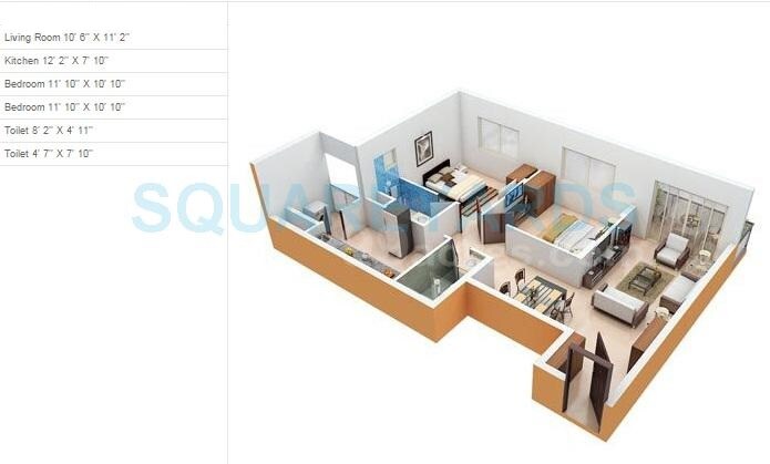 Floor plan of 2 BHK 1280 Sq. Ft. Apartment in Monarch Aqua, Bangalore