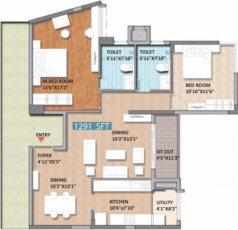 Floor plan of 2 BHK 1291 Sq. Ft. Apartment in Monarch Aqua, Bangalore