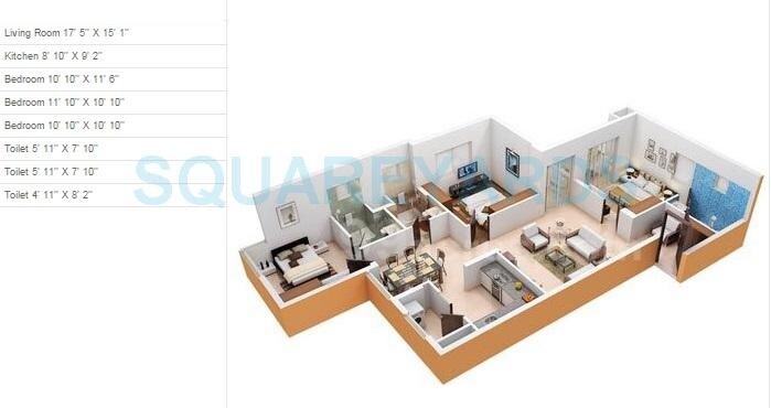 Floor plan of 3 BHK 1583 Sq. Ft. Apartment in Monarch Aqua, Bangalore
