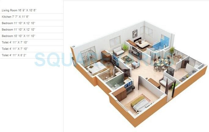 Floor plan of 3 BHK 1604 Sq. Ft. Apartment in Monarch Aqua, Bangalore